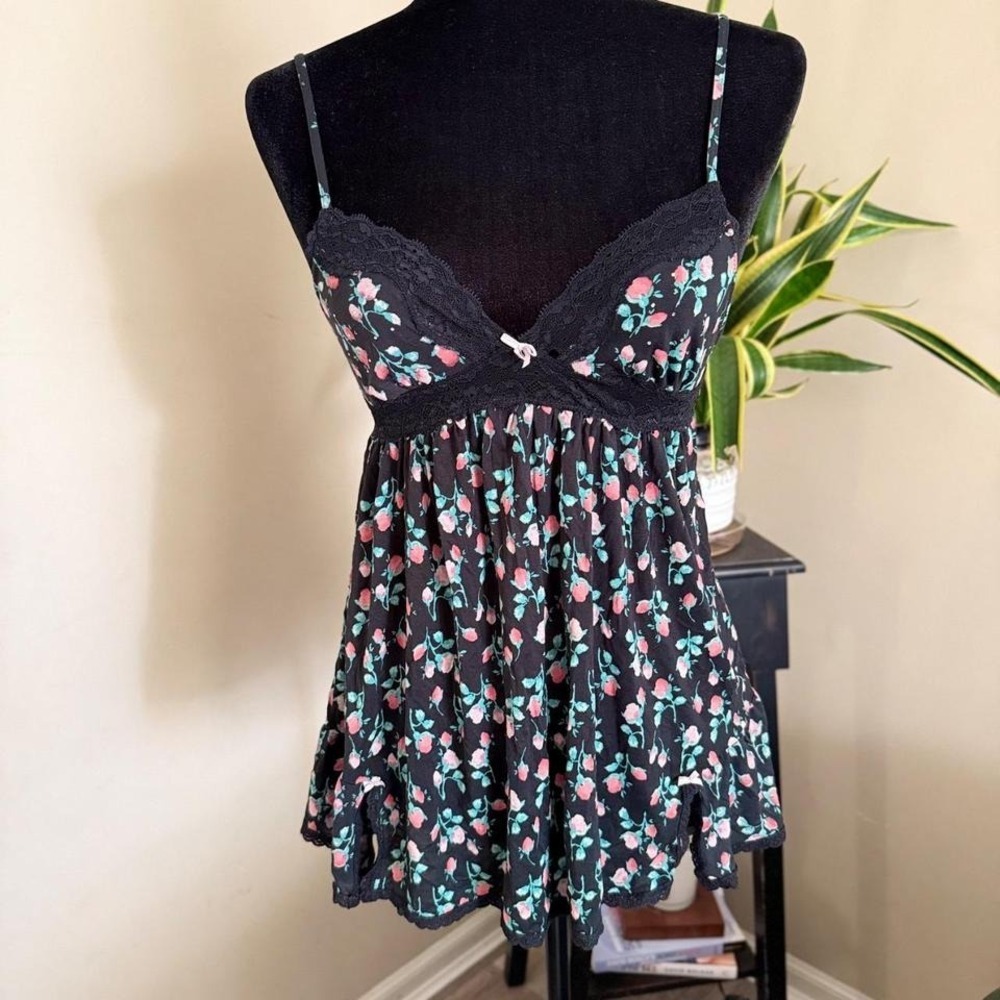 Adorable VS babydoll in a black floral print with pink + teal